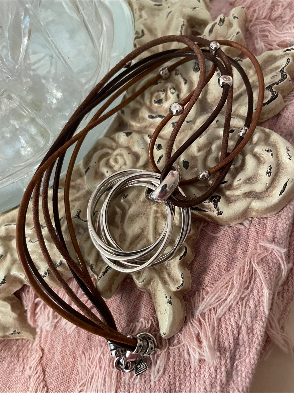 Silpada 925 silver ring 16” necklace w/Multi-Strand Brown Leather & silver beads